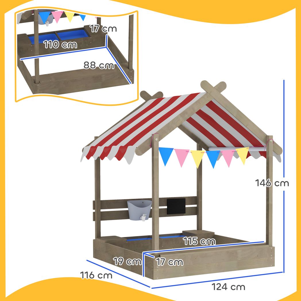 Pit with Canopy, Blackboard, Toys, Sink, Seats, Flags for Kids - Sand