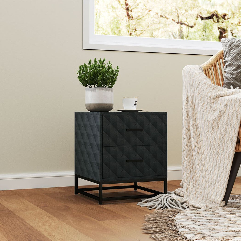 Bedside Table Set of 2, Nightstand with 2 Drawers, Steel Legs