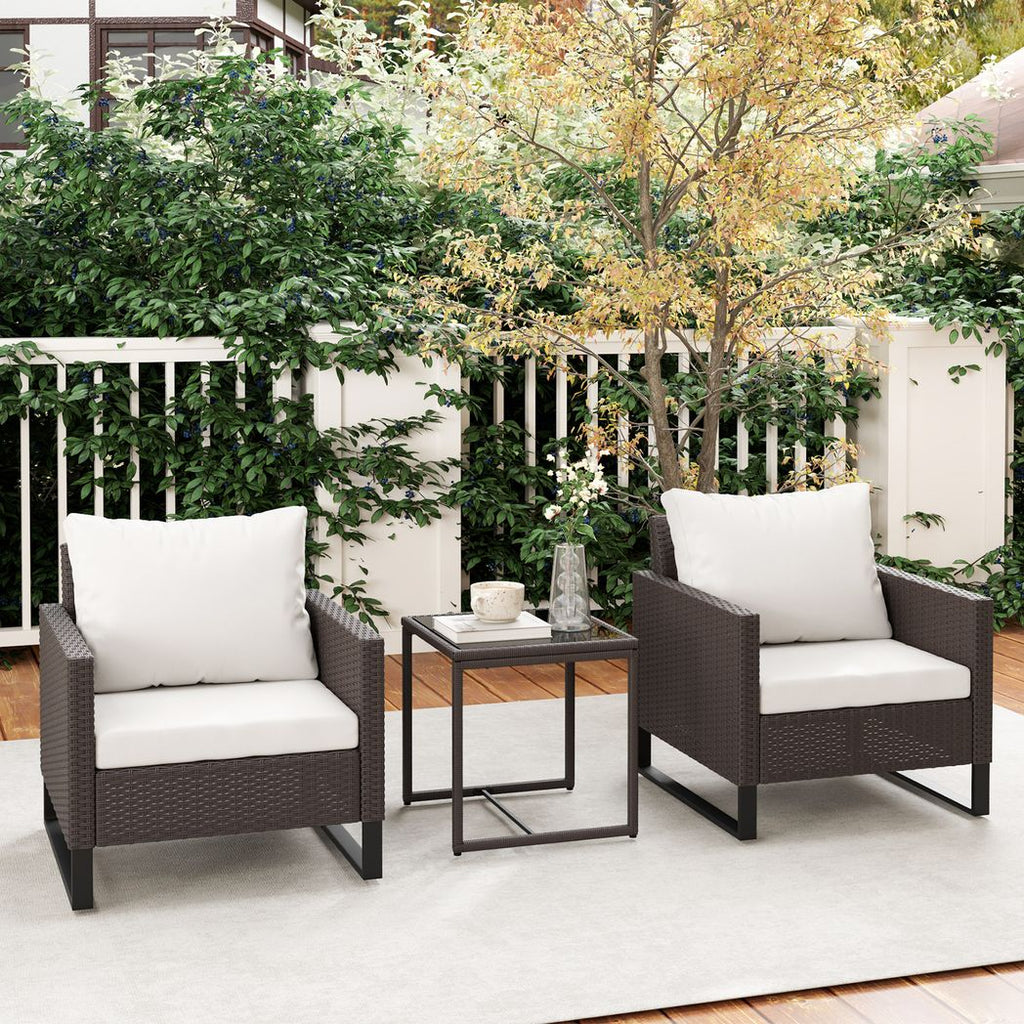 3PCS Rattan Bistro Set Glass Top Table and Chairs with 4 Cushions