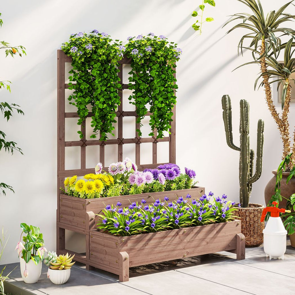 2-Tier Wooden Raised Bed with Trellis and Drainage Holes
