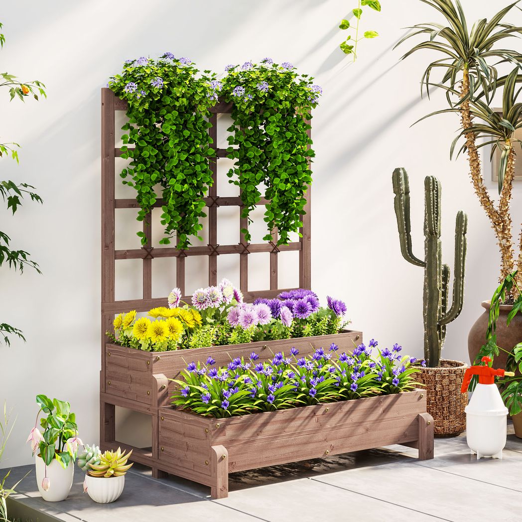 2-Tier Wooden Raised Bed with Trellis and Drainage Holes