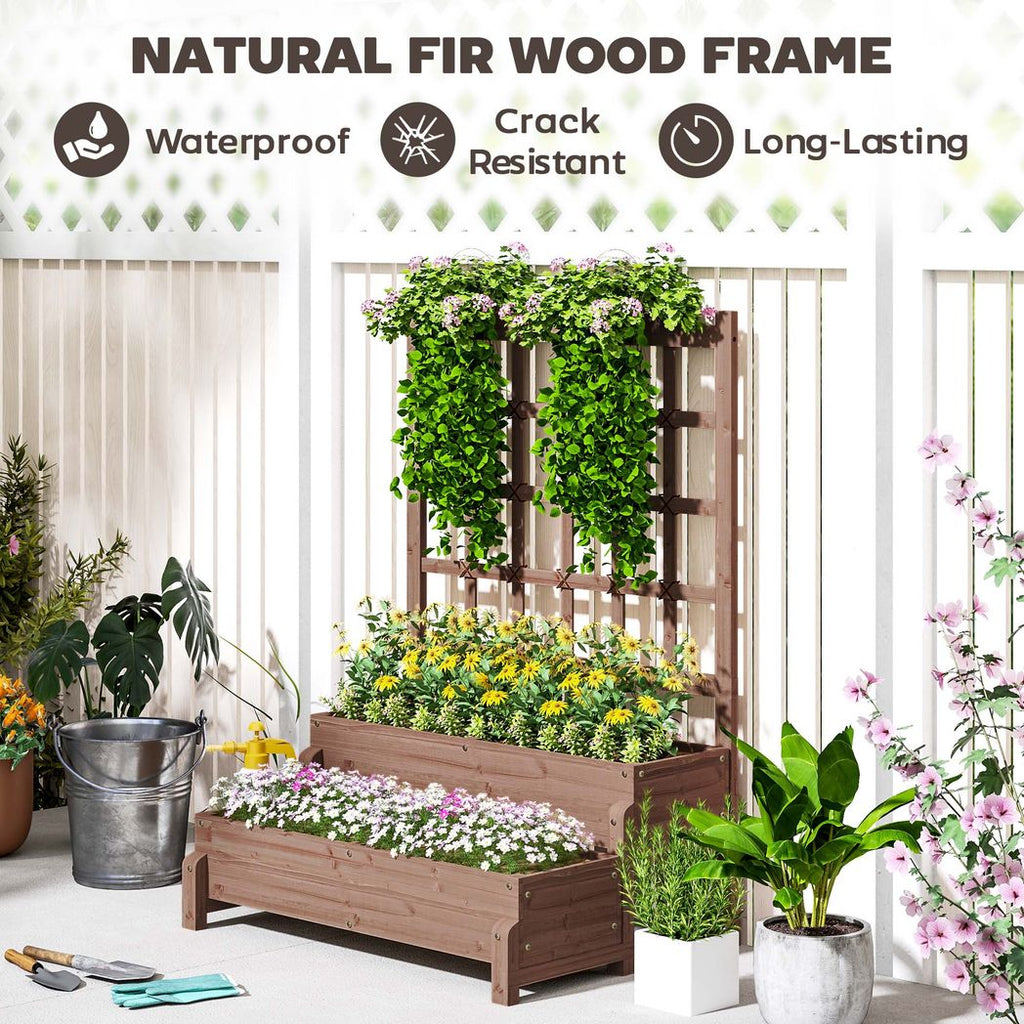 2-Tier Wooden Raised Bed with Trellis and Drainage Holes