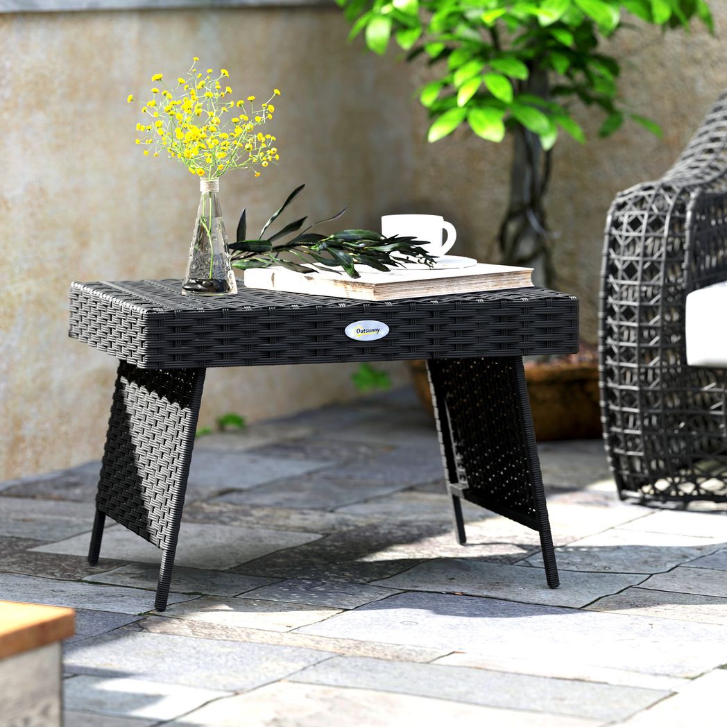 Foldable Outdoor Coffee Table, Steel Frame Rattan Side Table