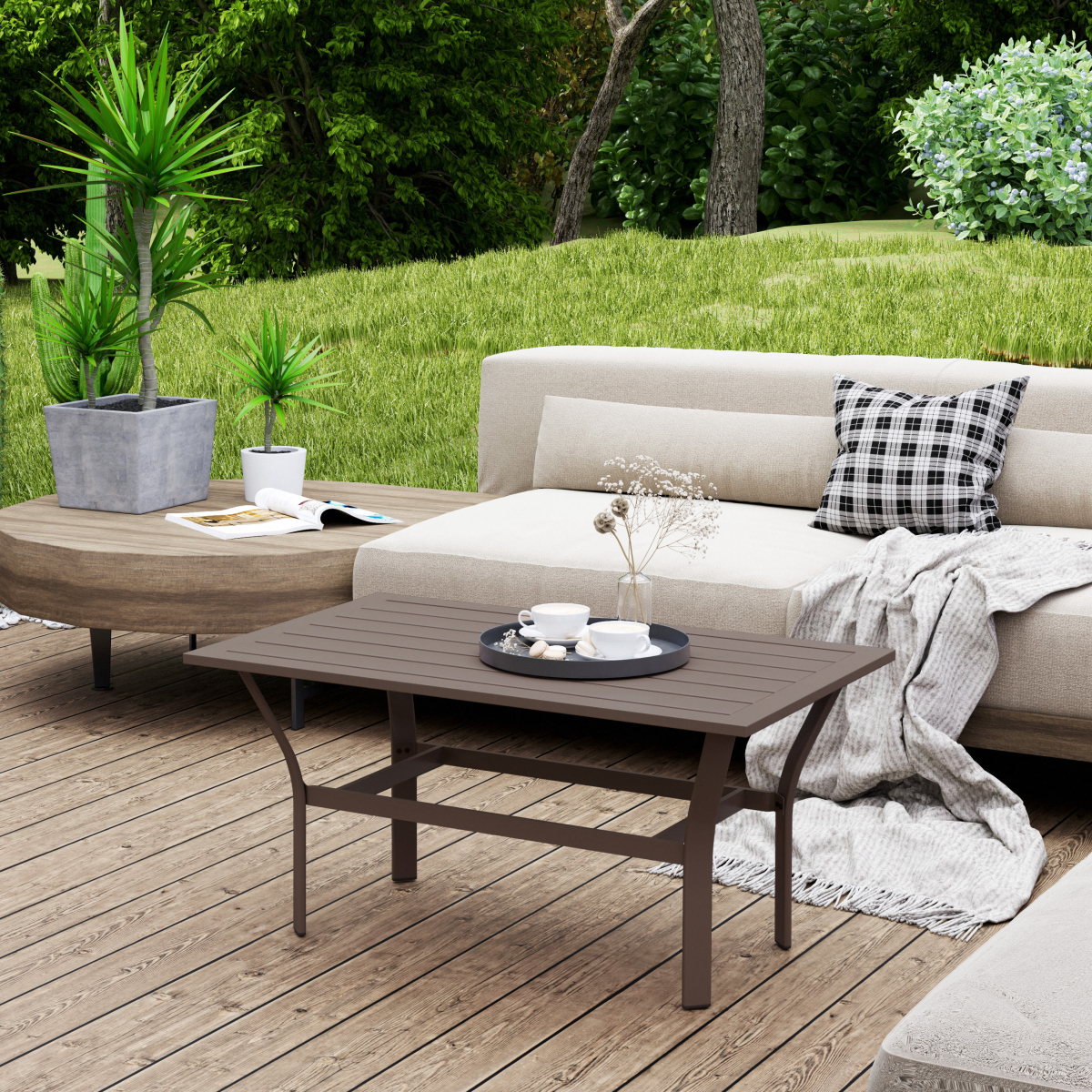 Metal Garden Coffee Table with Slatted Tabletop