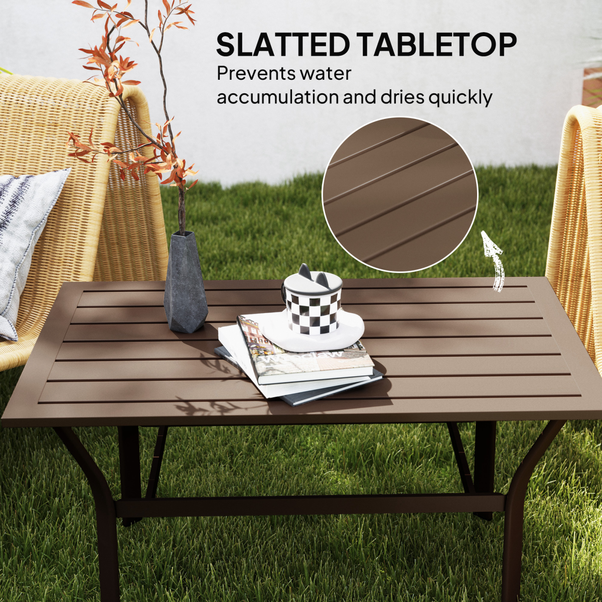 Metal Garden Coffee Table with Slatted Tabletop