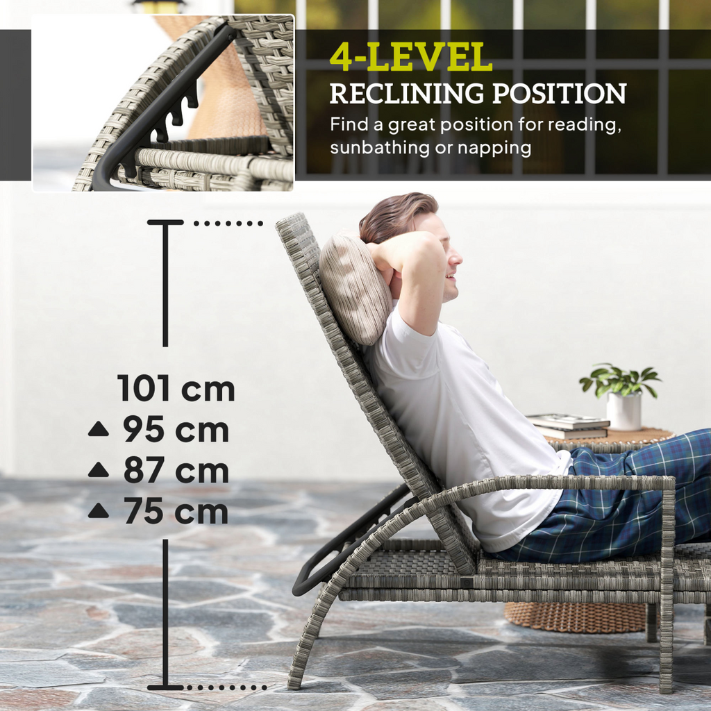 PE Rattan Sun Lounger with 4-Level Adjustable Backrest