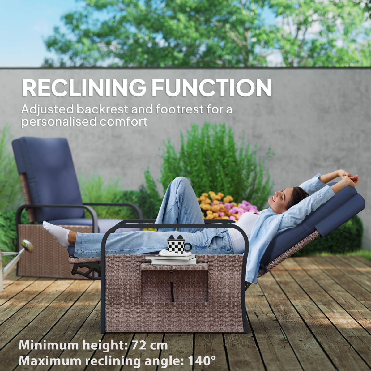 Rattan Garden Recliner Chair Sun Lounger with Side Tray