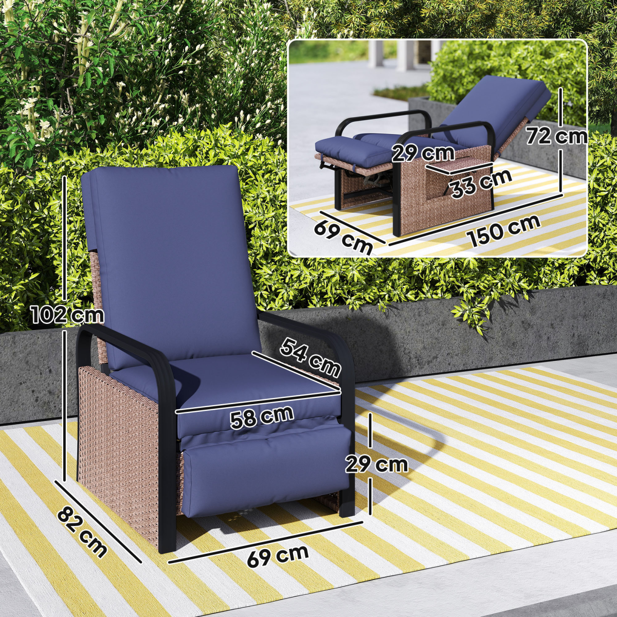 Rattan Garden Recliner Chair Sun Lounger with Side Tray