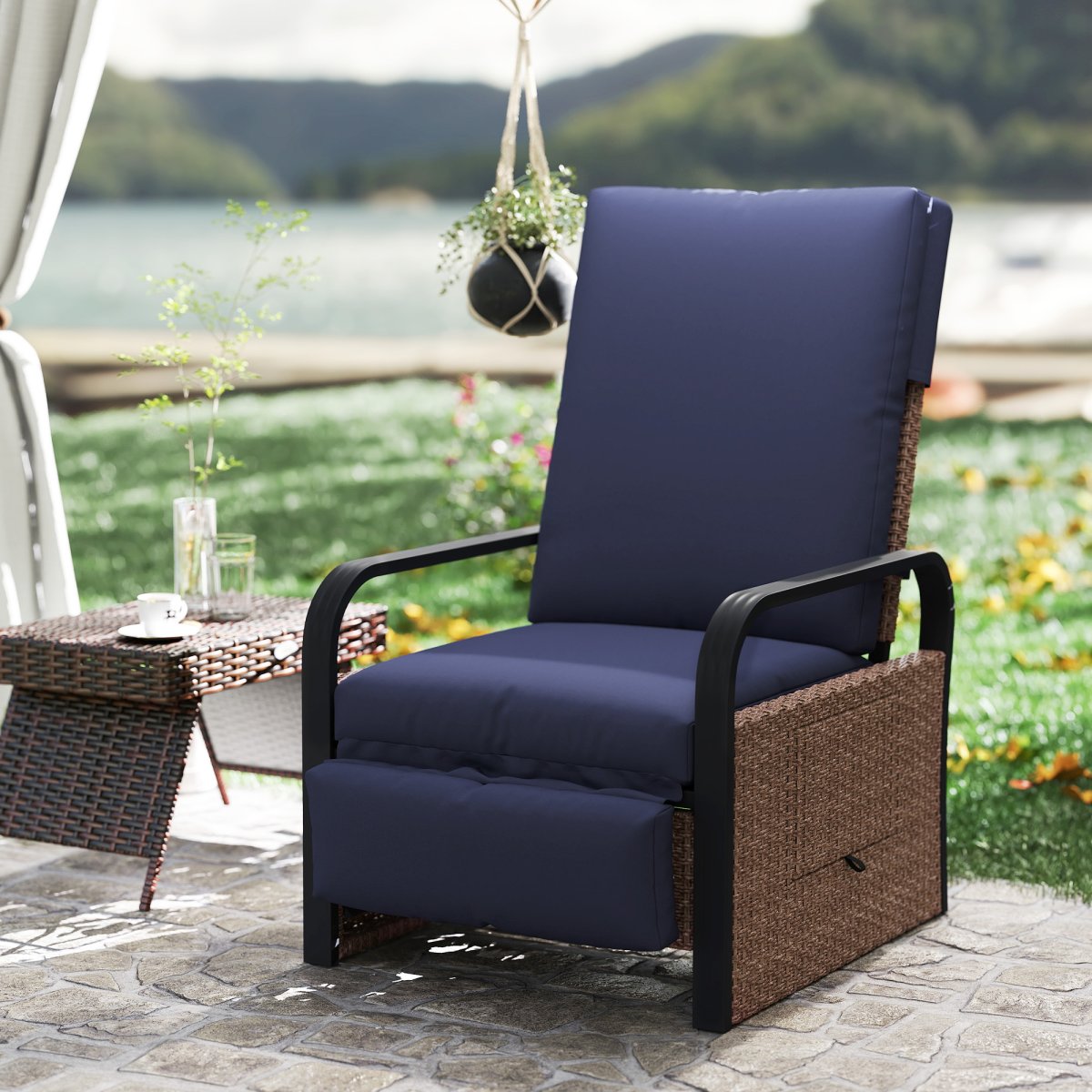 Rattan Garden Recliner Chair Sun Lounger with Side Tray
