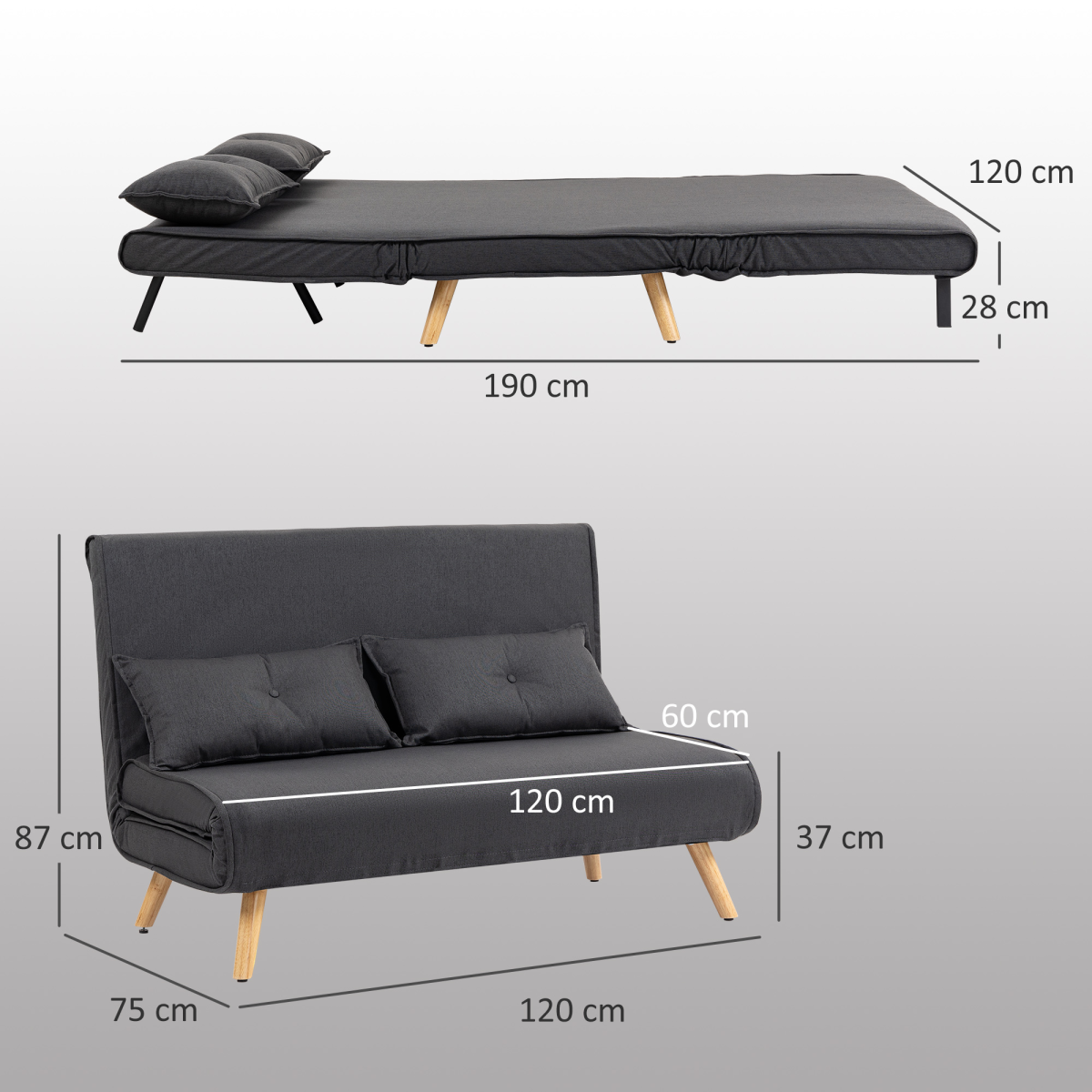 Click Clack Sofa Bed, 2 Seater Bed Settee for Living Room, Grey