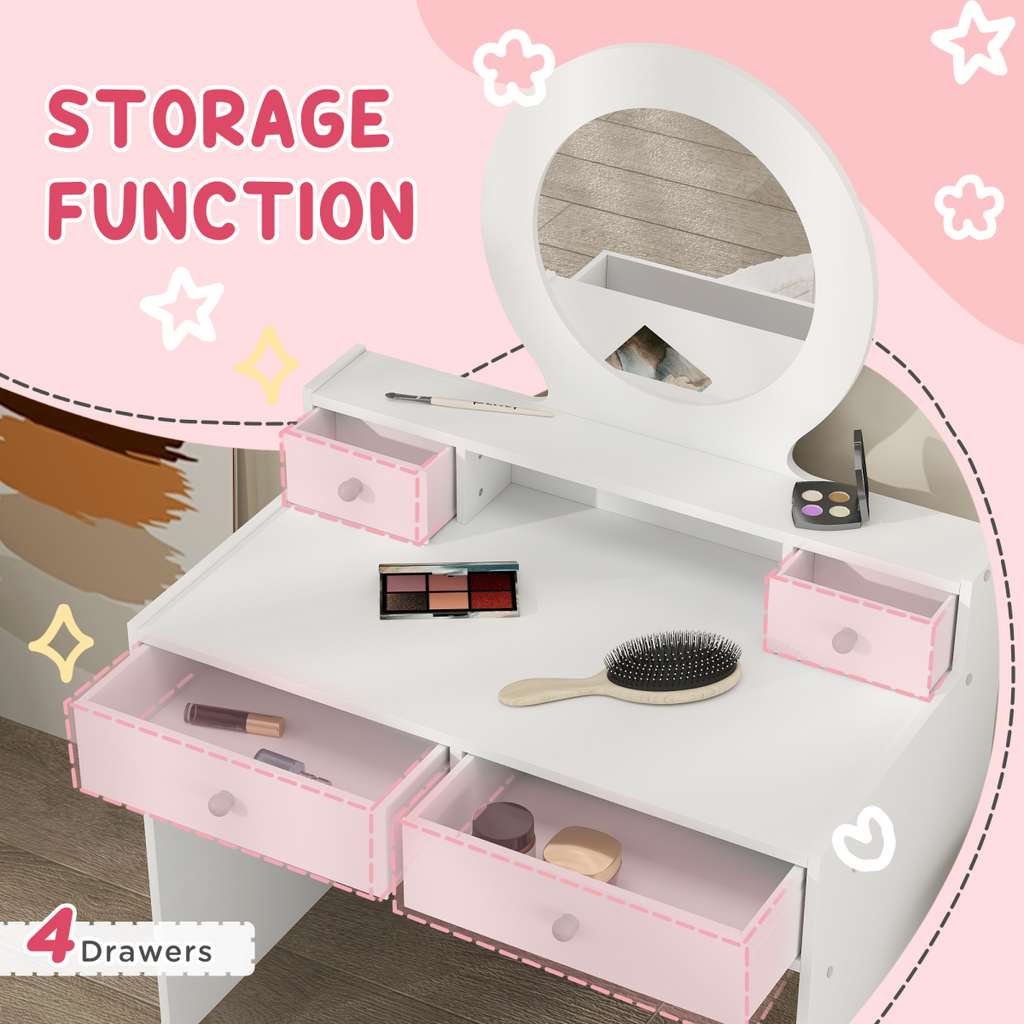 Kids Dressing Table Set with Stool, Mirror and Drawers