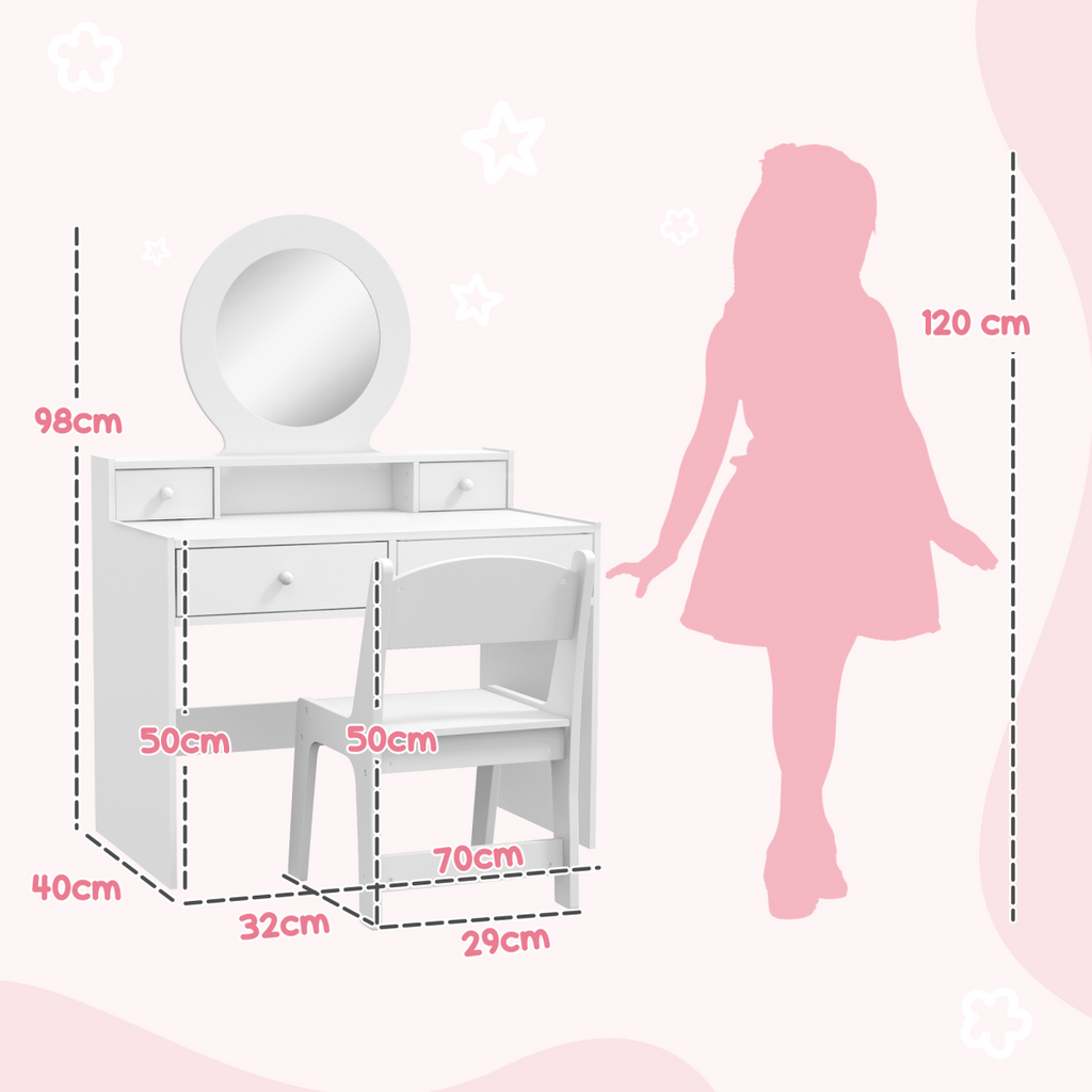 Kids Dressing Table Set with Stool, Mirror and Drawers