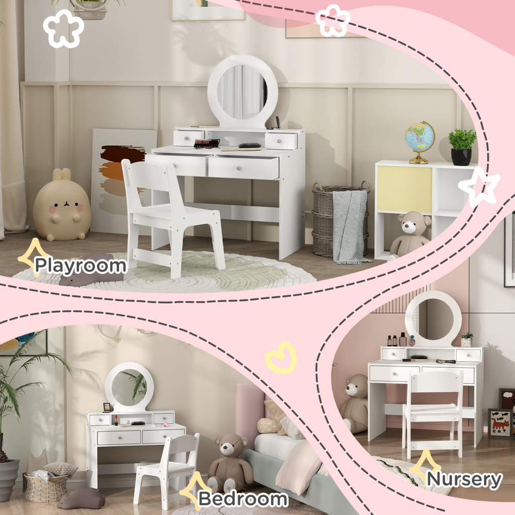 Kids Dressing Table Set with Stool, Mirror and Drawers