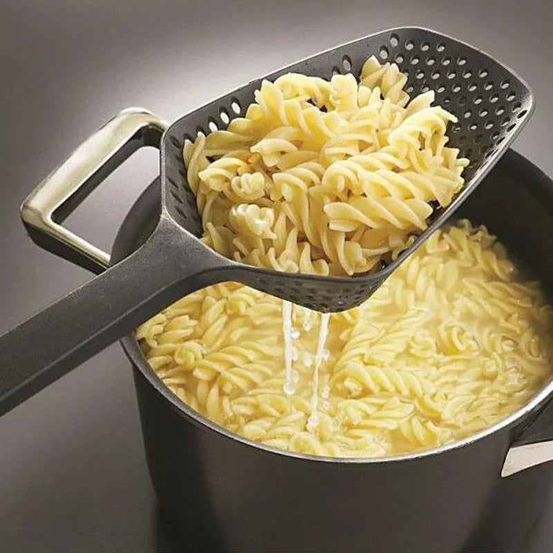 Multi-Purpose Anti-Slip Kitchen Scoop Strainer/Colander – Large Perforated Food Scoop for Draining, Scooping, Filtering Soup, Pasta & Vegetables, with Hanging Hole for Easy Storage, Available in Black, Yellow & Red black