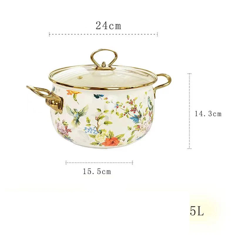 Retro Floral Enamel Stew Pot with Lid | Double Handle | 2 Designs | 2.8L–5L A 5L