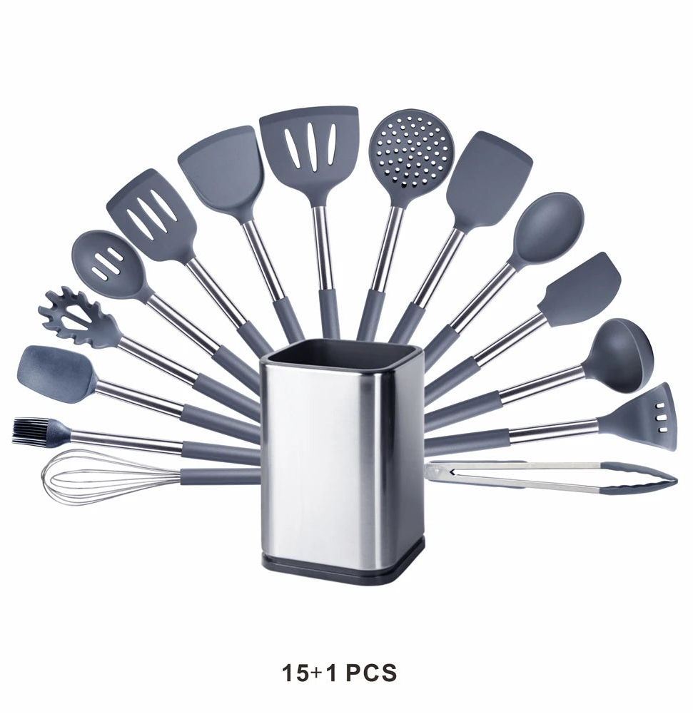 Silicone Kitchen Utensils Set with Stainless Steel Handles – Non-Stick Safe, Heat Resistant | Grey & Black | Available in 5 to 15-Piece Sets