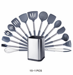 Silicone Kitchen Utensils Set with Stainless Steel Handles – Non-Stick Safe, Heat Resistant | Grey & Black | Available in 5 to 15-Piece Sets