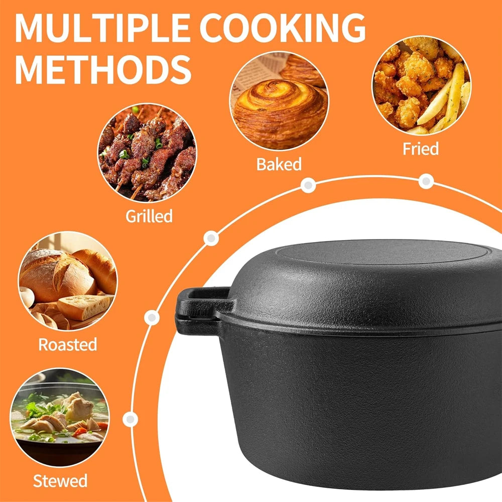 Pre-Seasoned 26cm Cast Iron Dutch Oven with Skillet Lid, Dual Handles – 2-in-1 Combo Pot & Pan Set – Includes Anti-Slip Mat & Silicone Clips, Multi-Purpose Cookware Set, Best for Frying, Searing,Stewing, Roasting, Bread, Baking, Camping & BBQ