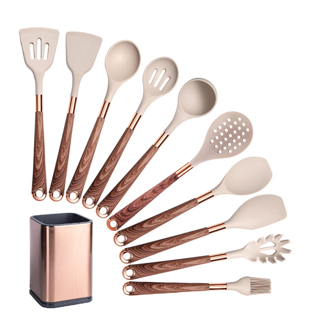 Silicone Cooking Utensils Set with Gold-Plated Handles – Non-Stick Safe, Heat Resistant | Black &amp; Beige | Available in 5, 7, 10 &amp; 12-Piece Sets Beige — 10 Piece with Holder