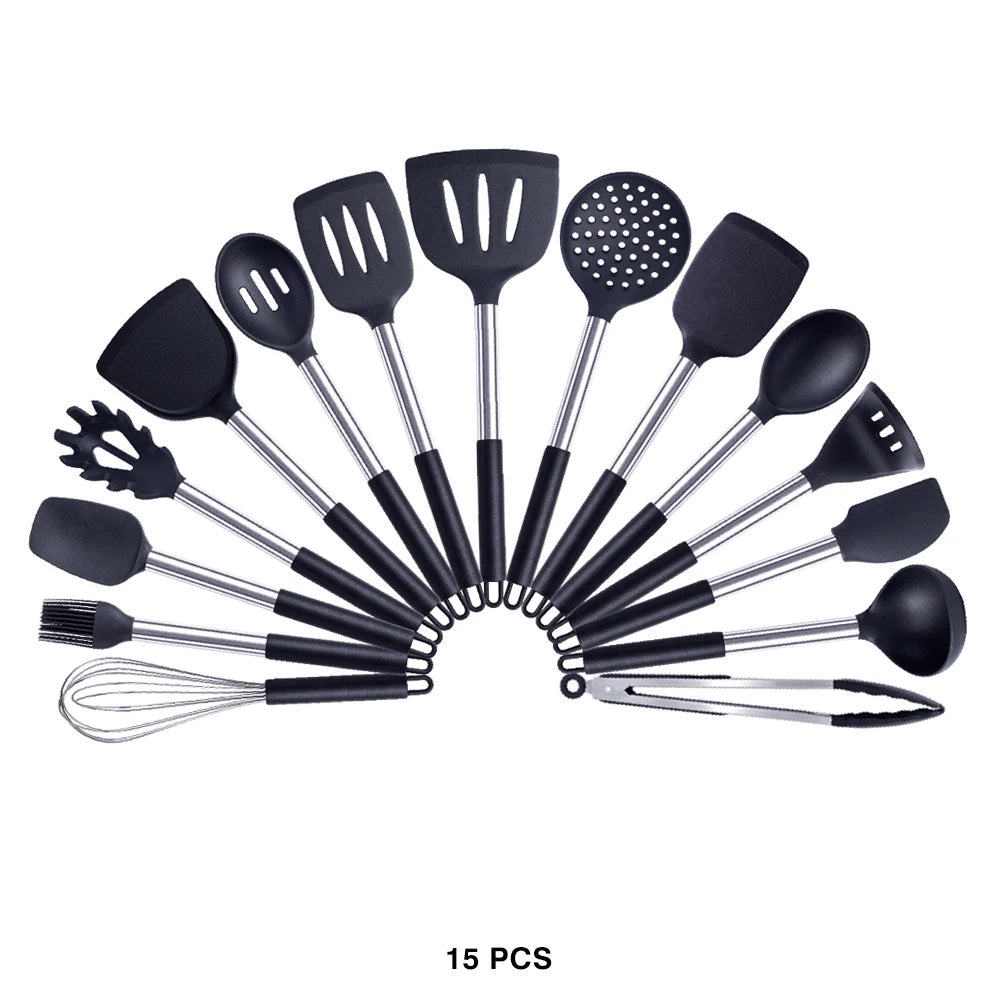 Silicone Kitchen Utensils Set with Stainless Steel Handles – Non-Stick Safe, Heat Resistant | Grey & Black | Available in 5 to 15-Piece Sets Black — 15 Piece Set