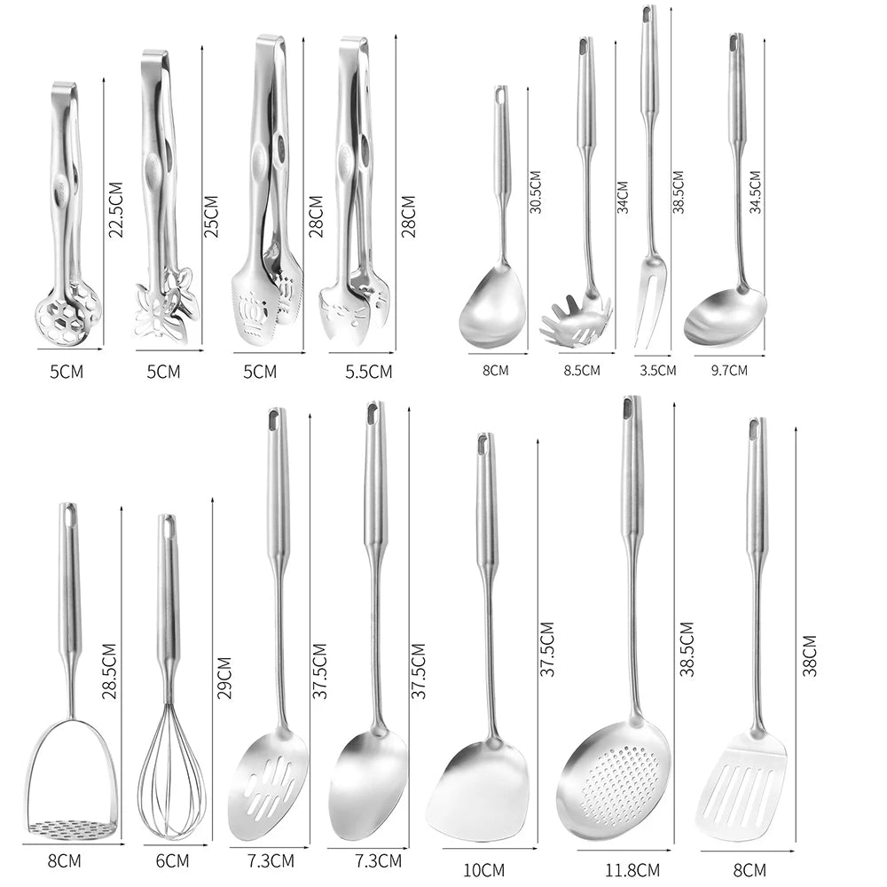 13-Piece Stainless Steel Kitchen Utensils Set – Long 304 Stainless Steel Cooking Utensil Set, Includes Ladle, Whisk, Tongs, Spatula, Skimmer, Turner, Pasta Server & More, Heat-Resistant & Dishwasher Safe
