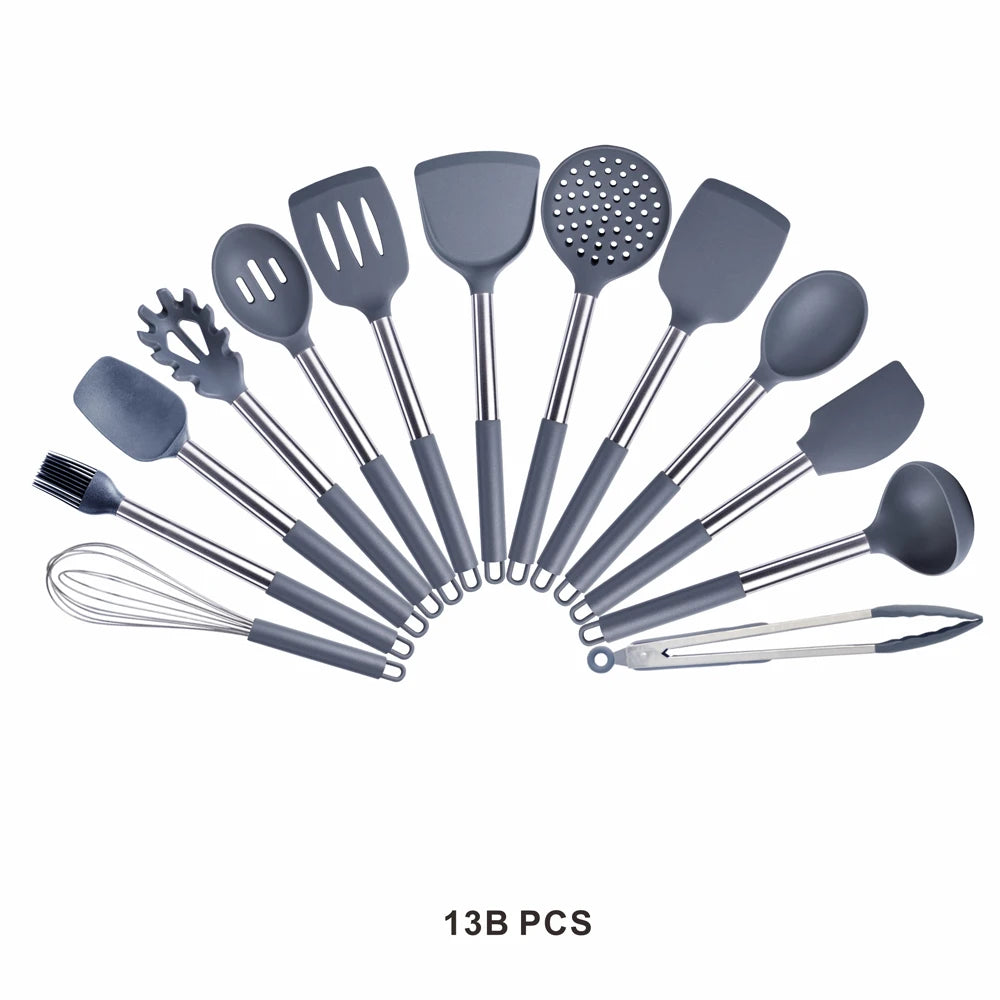 Silicone Kitchen Utensils Set with Stainless Steel Handles – Non-Stick Safe, Heat Resistant | Grey & Black | Available in 5 to 15-Piece Sets Grey — 13 Piece Set