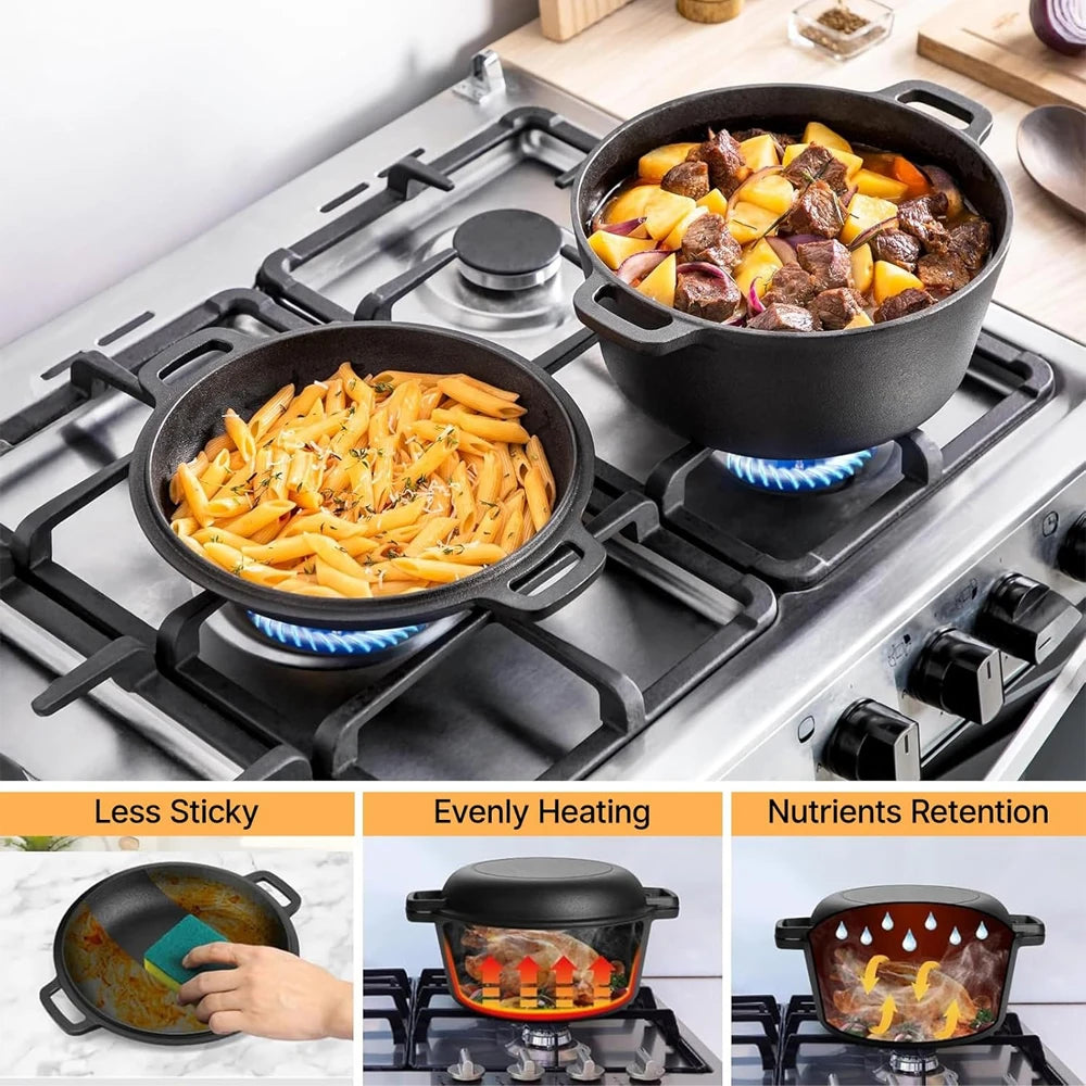Pre-Seasoned 26cm Cast Iron Dutch Oven with Skillet Lid, Dual Handles – 2-in-1 Combo Pot & Pan Set – Includes Anti-Slip Mat & Silicone Clips, Multi-Purpose Cookware Set, Best for Frying, Searing,Stewing, Roasting, Bread, Baking, Camping & BBQ
