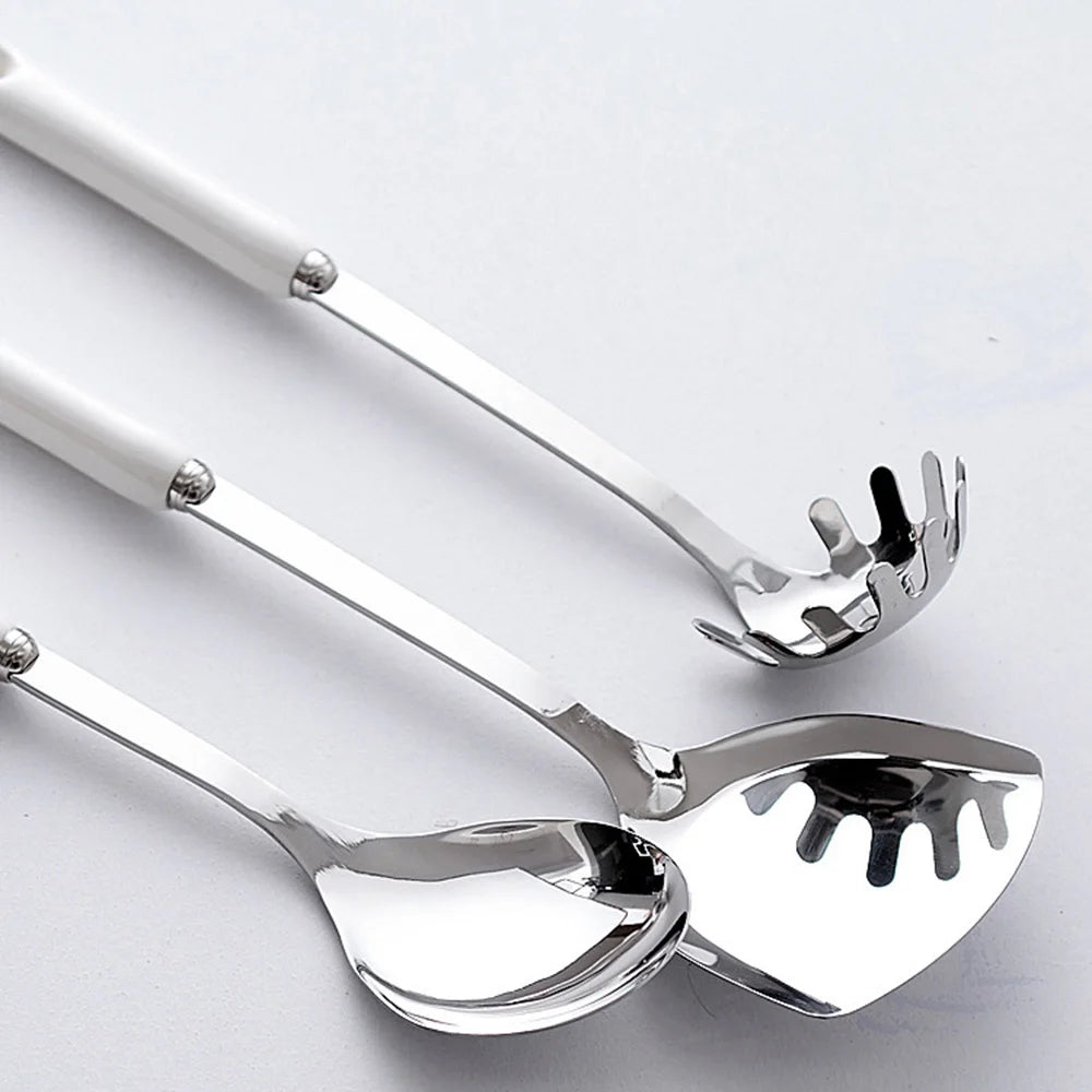 7-Piece Stainless Steel Kitchen Utensil Set with Ceramic Handle – Heat Resistant, Easy to Clean, Great for Cooking, Serving, and Everyday Kitchen Use
