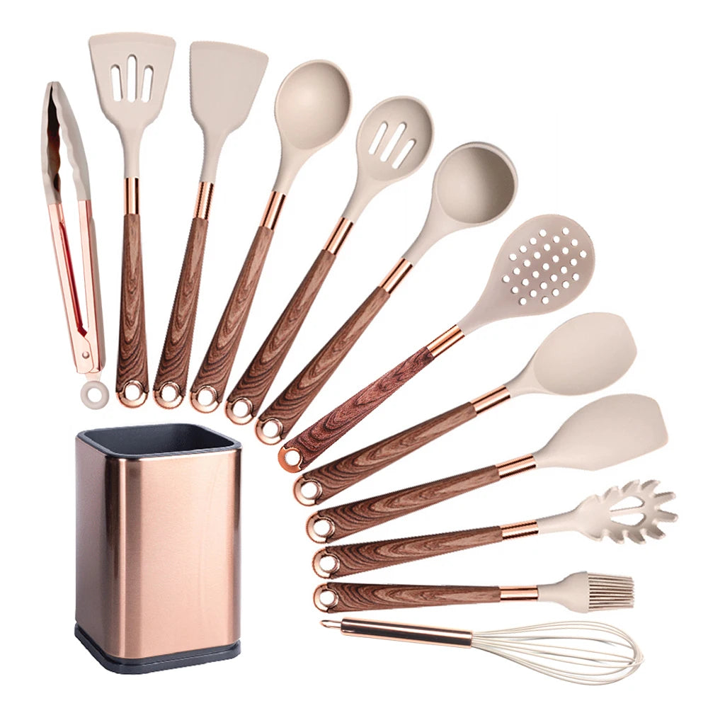 Silicone Cooking Utensils Set with Gold-Plated Handles – Non-Stick Safe, Heat Resistant | Black &amp; Beige | Available in 5, 7, 10 &amp; 12-Piece Sets Beige — 12 Piece Set with Holder
