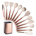 Silicone Cooking Utensils Set with Gold-Plated Handles – Non-Stick Safe, Heat Resistant | Black &amp; Beige | Available in 5, 7, 10 &amp; 12-Piece Sets Beige — 12 Piece Set with Holder