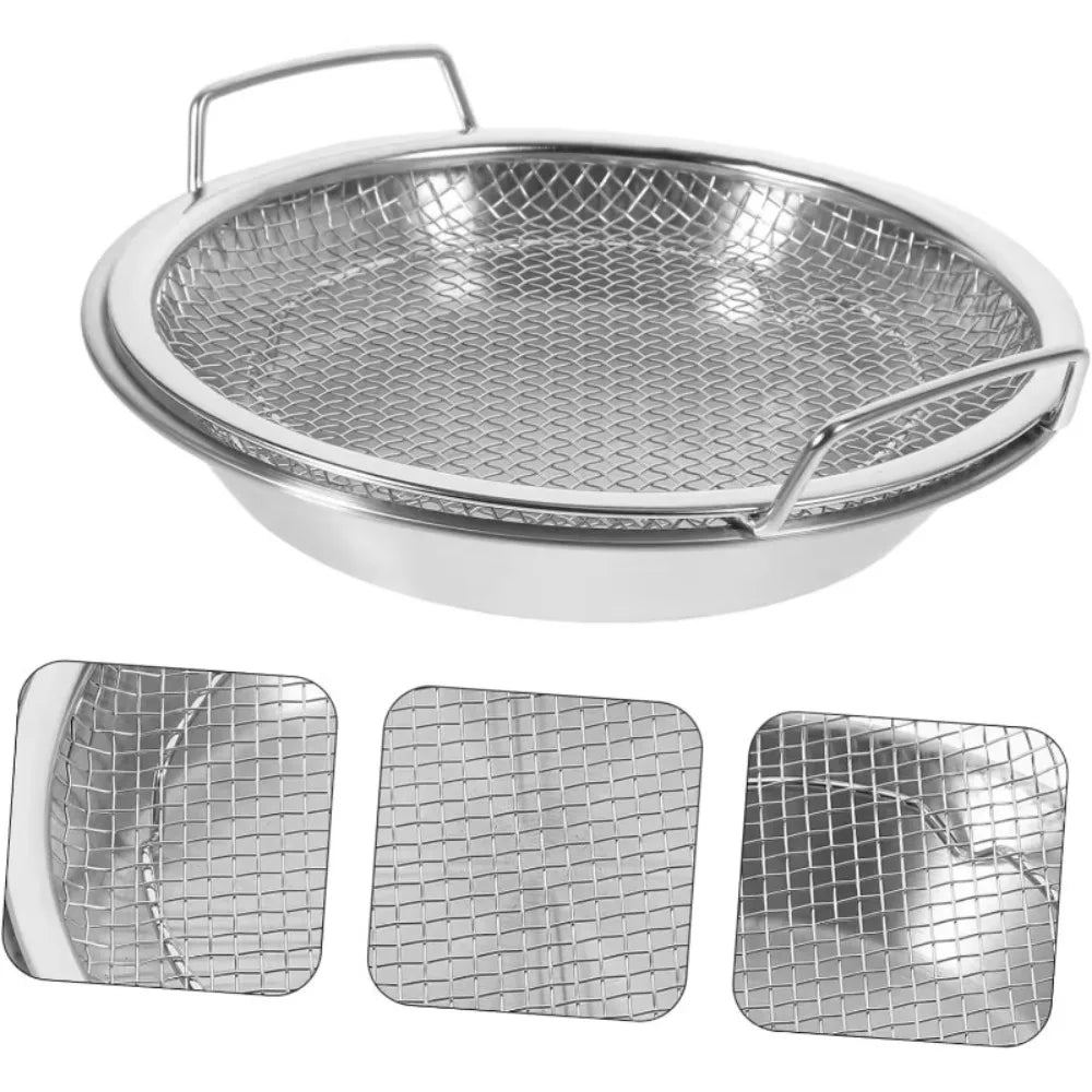 Multi-Use Round Stainless Steel Frying Oil Strainer/Drainer Mesh Rack with Elevated Handles and Drip Tray Set, 2-in-1 Mesh Basket & Tray Combo for Fried Foods, Chicken, Fries & Tempura, Strainer, Vegetable Washing & Baking Cooling