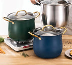 Stainless Steel Soup Pot with Glass Lid & Gold Handles – Thickened Base, Induction Compatible, Great for Soups, Stews, and Everyday Cooking