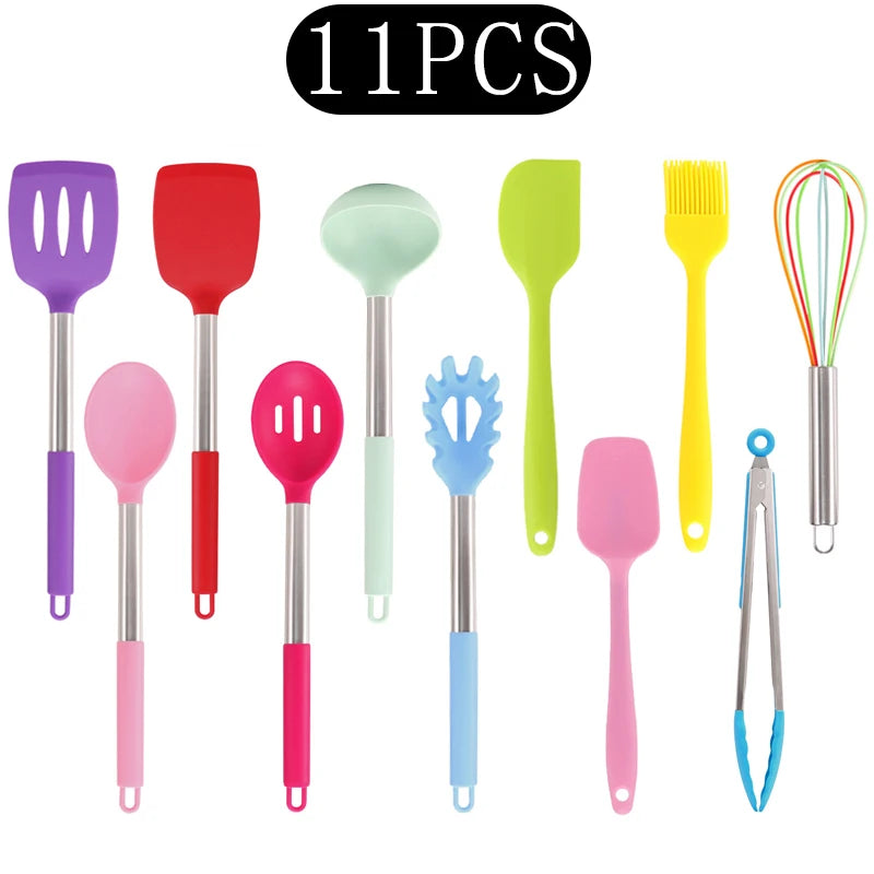 Silicone Kitchen Utensils Set with Stainless Steel Handles – Non-Stick, Heat-Resistant Cooking Utensils for Everyday Cooking & Baking, Available in 4 Colours & Multiple Set Sizes 11-Piece Rainbow