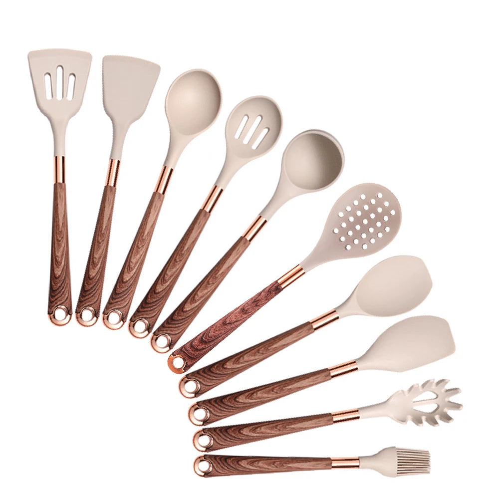 Silicone Cooking Utensils Set with Gold-Plated Handles – Non-Stick Safe, Heat Resistant | Black &amp; Beige | Available in 5, 7, 10 &amp; 12-Piece Sets Beige — 10 Piece Set