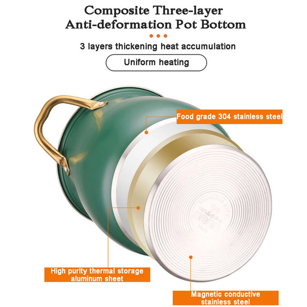 Stainless Steel Soup Pot with Glass Lid & Gold Handles – Thickened Base, Induction Compatible, Great for Soups, Stews, and Everyday Cooking