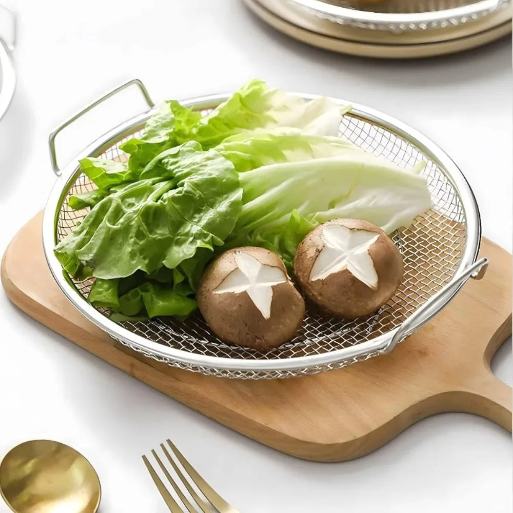Multi-Use Round Stainless Steel Frying Oil Strainer/Drainer Mesh Rack with Elevated Handles and Drip Tray Set, 2-in-1 Mesh Basket & Tray Combo for Fried Foods, Chicken, Fries & Tempura, Strainer, Vegetable Washing & Baking Cooling