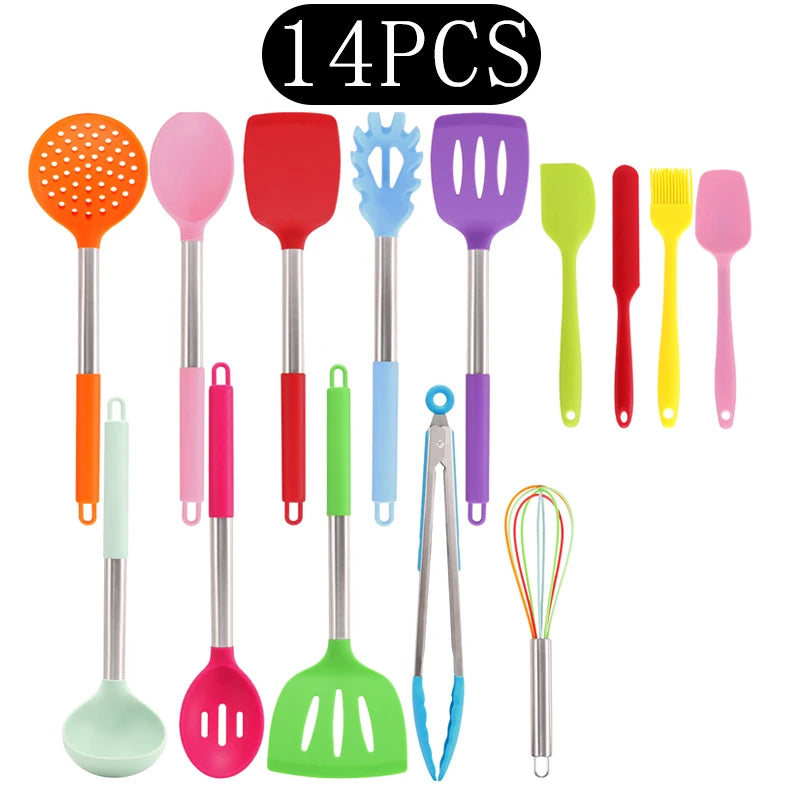 Silicone Kitchen Utensils Set with Stainless Steel Handles – Non-Stick, Heat-Resistant Cooking Utensils for Everyday Cooking & Baking, Available in 4 Colours & Multiple Set Sizes 14-Piece Rainbow