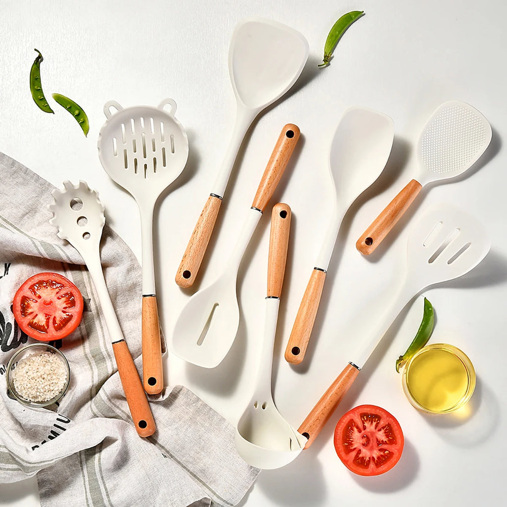 8-Piece Silicone Kitchen Utensils Set with Wooden Handles – Non-Stick Safe | Cream, White & Green