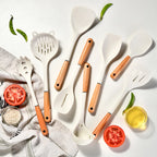 8-Piece Silicone Kitchen Utensils Set with Wooden Handles – Non-Stick Safe | Cream, White & Green