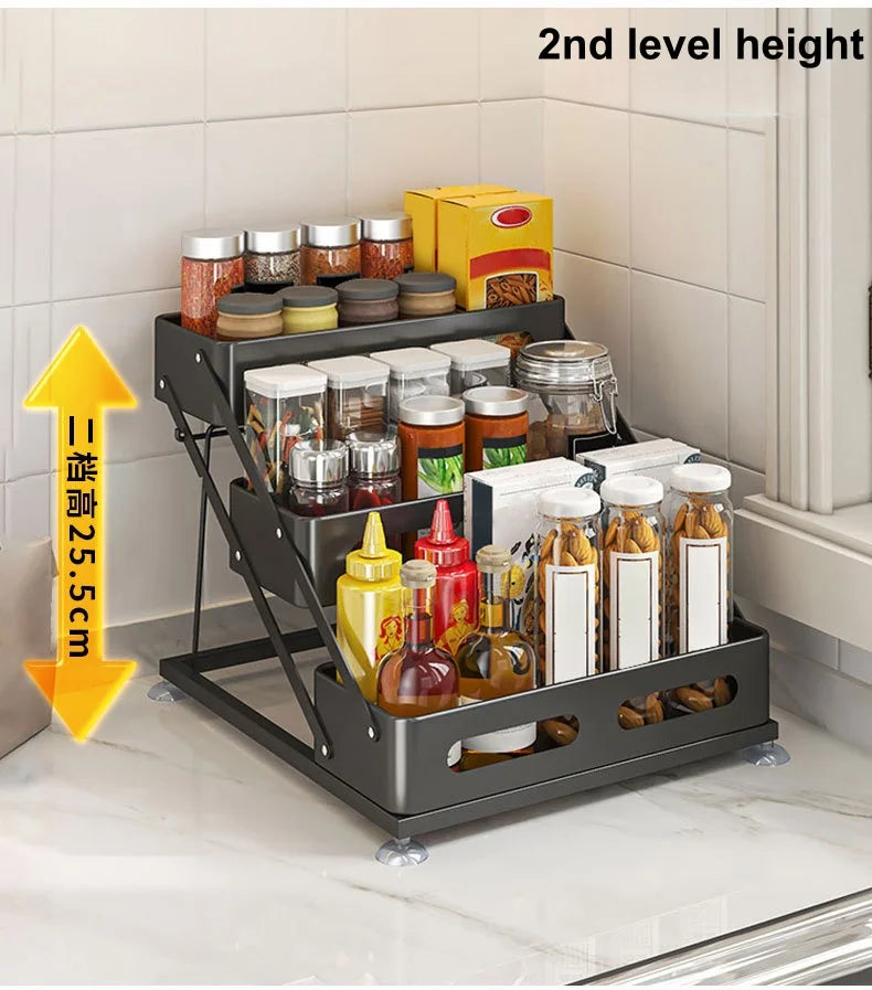 3-Tier Height-Adjustable Pull-Out Kitchen Spice Rack – Countertop Storage Organiser for Spice Bottles, Oils & Jars, Foldable & Rust-Resistant, Available in Black & White
