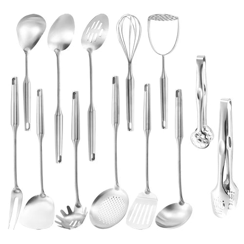 13-Piece Stainless Steel Kitchen Utensils Set – Long 304 Stainless Steel Cooking Utensil Set, Includes Ladle, Whisk, Tongs, Spatula, Skimmer, Turner, Pasta Server & More, Heat-Resistant & Dishwasher Safe