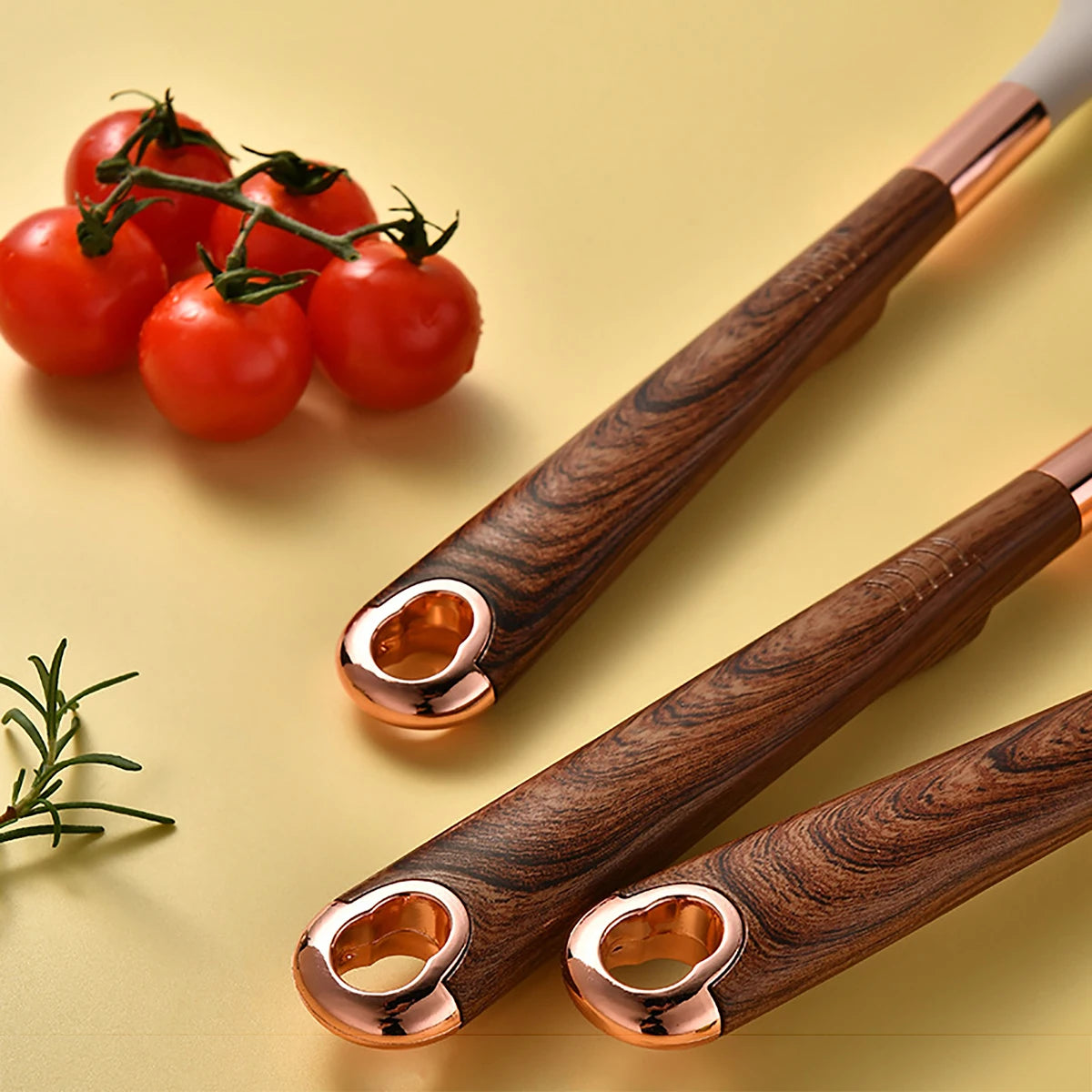 7-Piece Silicone Kitchen Utensil Set – Rose Gold Accents with Wood-Pattern Handles, Heat-Resistant for Non-Stick Cookware
