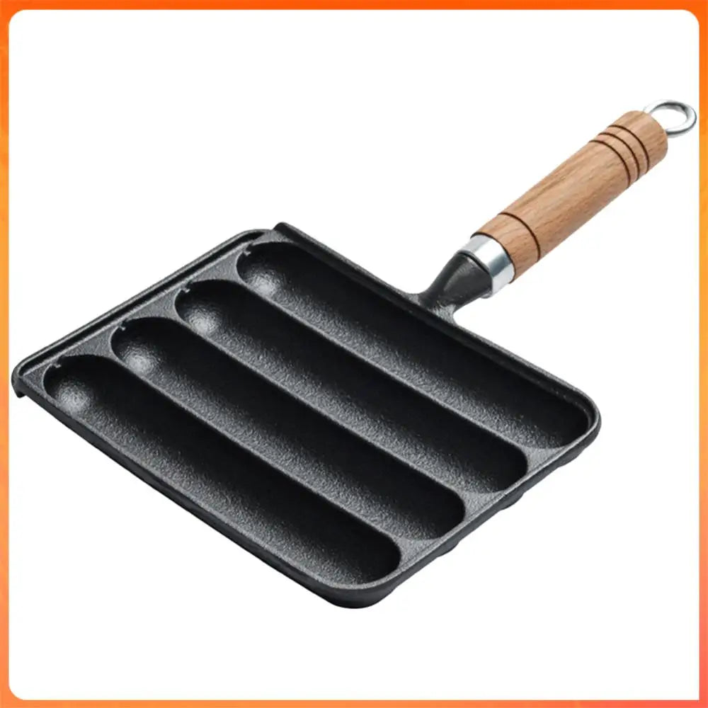 Cast Iron Preseasoned Grilled Sausage Pan With Wooden Handle Nonstick Hot Dog Pan Anti Scald China Mainland