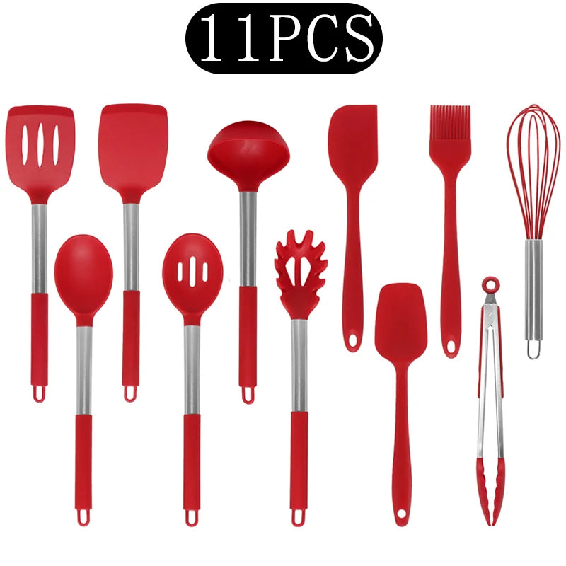Silicone Kitchen Utensils Set with Stainless Steel Handles – Non-Stick, Heat-Resistant Cooking Utensils for Everyday Cooking & Baking, Available in 4 Colours & Multiple Set Sizes 11-Piece Red