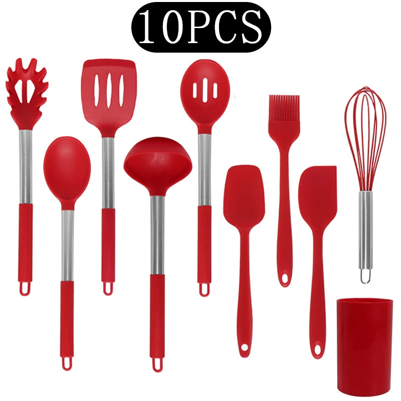 Silicone Kitchen Utensils Set with Stainless Steel Handles – Non-Stick, Heat-Resistant Cooking Utensils for Everyday Cooking & Baking, Available in 4 Colours & Multiple Set Sizes 10-Piece Red