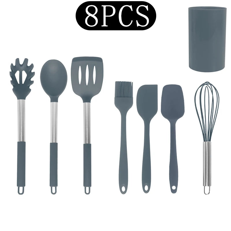 Silicone Kitchen Utensils Set with Stainless Steel Handles – Non-Stick, Heat-Resistant Cooking Utensils for Everyday Cooking & Baking, Available in 4 Colours & Multiple Set Sizes 8-Piece Grey