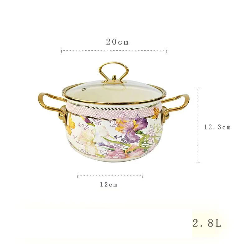 Retro Floral Enamel Stew Pot with Lid | Double Handle | 2 Designs | 2.8L–5L B 2.8L