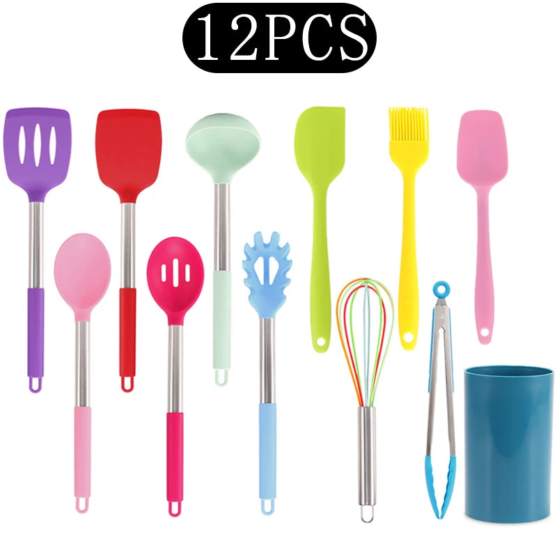 Silicone Kitchen Utensils Set with Stainless Steel Handles – Non-Stick, Heat-Resistant Cooking Utensils for Everyday Cooking & Baking, Available in 4 Colours & Multiple Set Sizes 12-Piece Rainbow