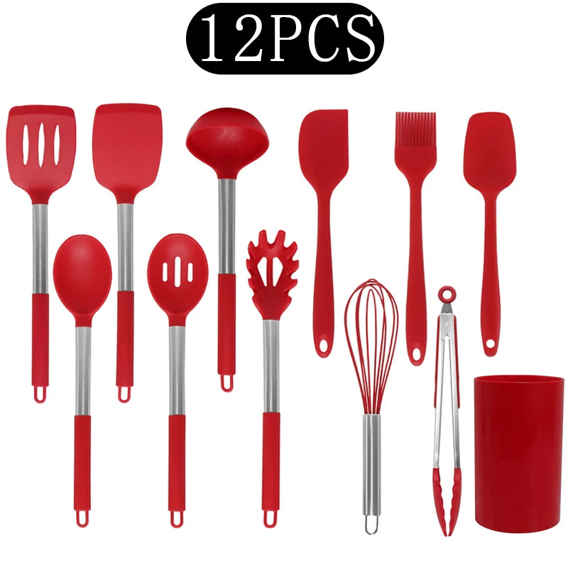 Silicone Kitchen Utensils Set with Stainless Steel Handles – Non-Stick, Heat-Resistant Cooking Utensils for Everyday Cooking & Baking, Available in 4 Colours & Multiple Set Sizes 12-Piece Red
