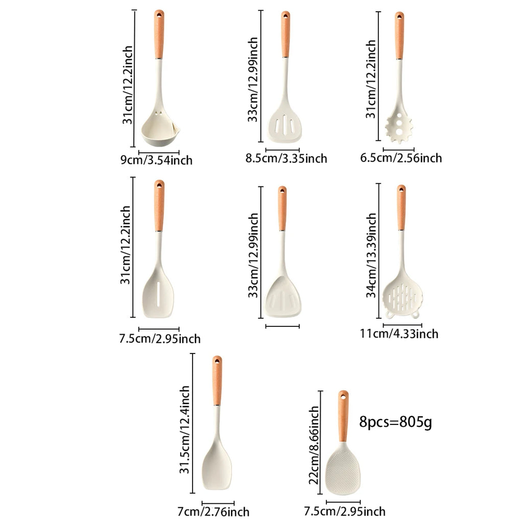 8-Piece Silicone Kitchen Utensils Set with Wooden Handles – Non-Stick Safe | Cream, White & Green